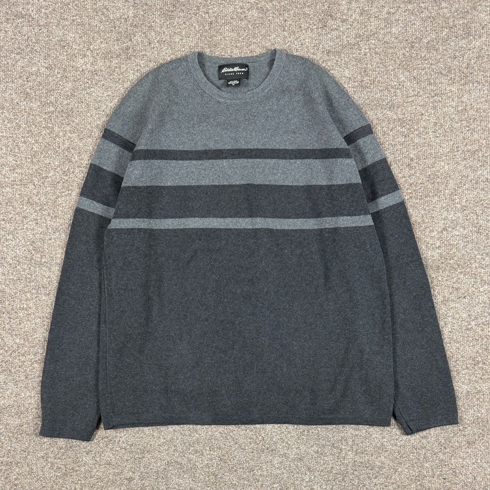 Eddie Bauer Grey Stripe Pullover Tight Knit Sweater Shirt Mens XL Y2K Retro Dad